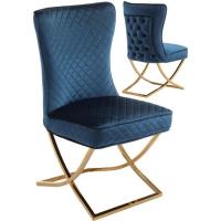 Chaise de salle à manger design avec capitonnage à l'arriere revetement en velour bleu et piètement 