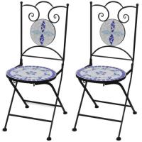 767025 Set de 2 Chaises de bistro pliables - Fauteuil Relax avec coussins - Céramique Bleu et blanc 