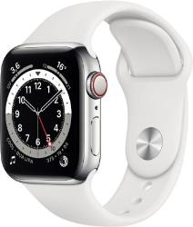 Apple Watch Series 6 GPS + Cellular, 40mm Boîtier en Acier Inoxidable Argent avec Bracelet Sport Blanc