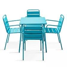 Table De Jardin Carrée Et 4 Fauteuils Acier Bleu - OVIALA 104809