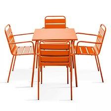 Table De Jardin Carrée Et 4 Fauteuils Acier Orange - OVIALA 104808