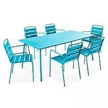 Table De Jardin Et 6 Fauteuils En Métal Bleu - OVIALA 106026
