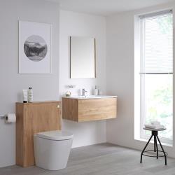 Meuble lavabo suspendu et meuble WC avec cuvette à poser - Newington 80 cm - Effet chêne doré