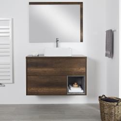 Meuble salle de bain chêne foncé avec vasque à poser - Hoxton 100cm - 2 tiroirs