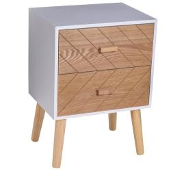 Chevet table de nuit design scandinave 40L x 30l x 56H cm 2 tiroirs bois massif pin MDF blanc et hêtre motif graphique