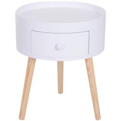 Chevet table de nuit ronde design scandinave tiroir bicolore pieds effilés inclinés bois massif chêne clair blanc