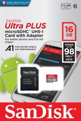 Carte Mémoire Sandisk ultra PLUS MicroSDHC 16Go 98Mo/seconde UHS-I avec adaptateur SD