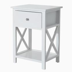 Table de chevet table de nuit style cosy avec croix latérales tiroir et étagère bois et MDF blanc