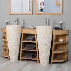 Meuble de salle de bain en teck Florence double 180cm + vasques crème - WANDA-COLLECTION
